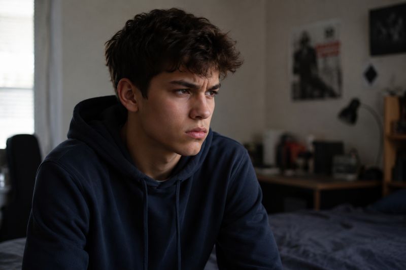 Moody teenage boy sitting alone in bed at home