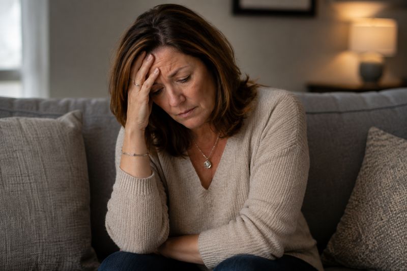 Distressed woman sitting with her head in hands
