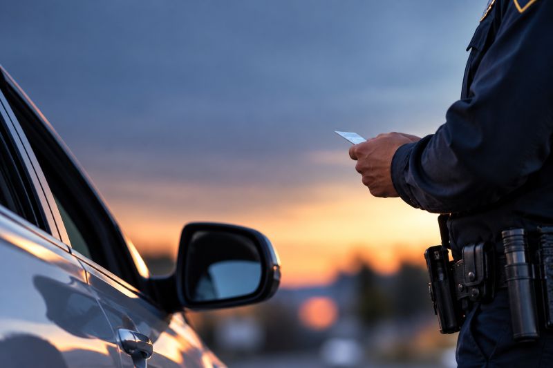 Police officer pulling over driver at sunset